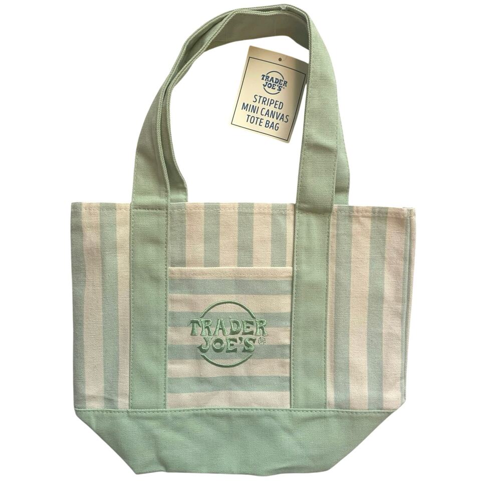 Trader Joe’s Limited Edition Striped Mini Canvas Tote Bag Green Cream Viral